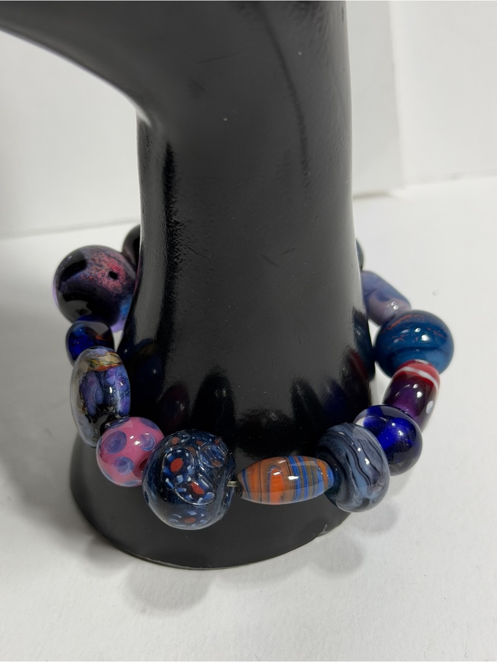 Lampwork Art Glass Beaded Chunky Stretch Bracelet Blue Purple Pink